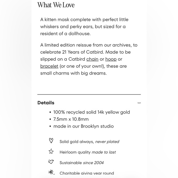 Catbird Jewelry Kitten Mask Charm, Yellow Gold - Picture 6 of 16